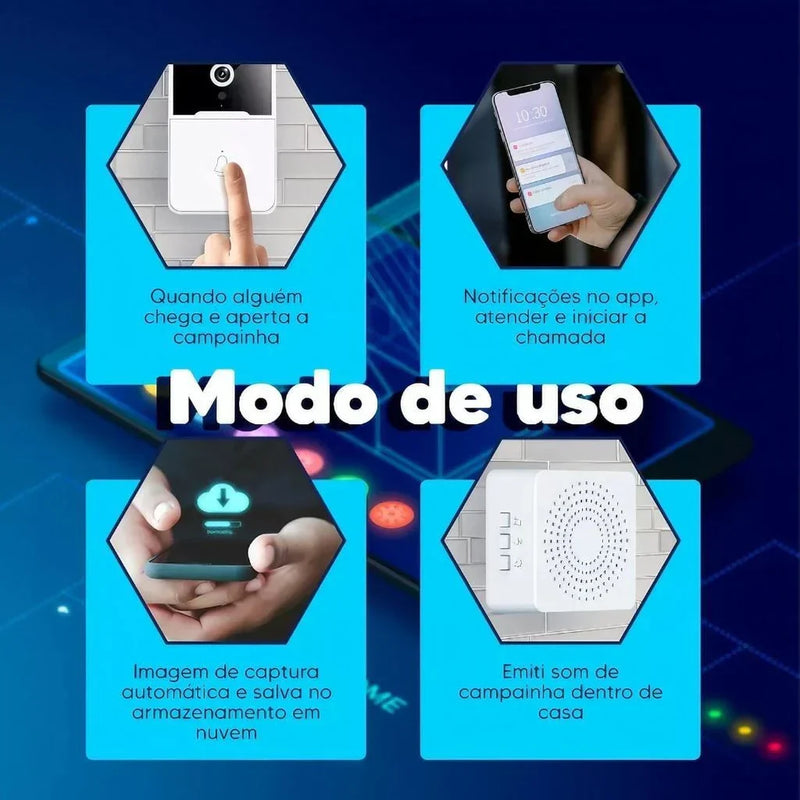 Campainha com Câmera Vídeo Porteiro Sem Fio Wi-Fi HD